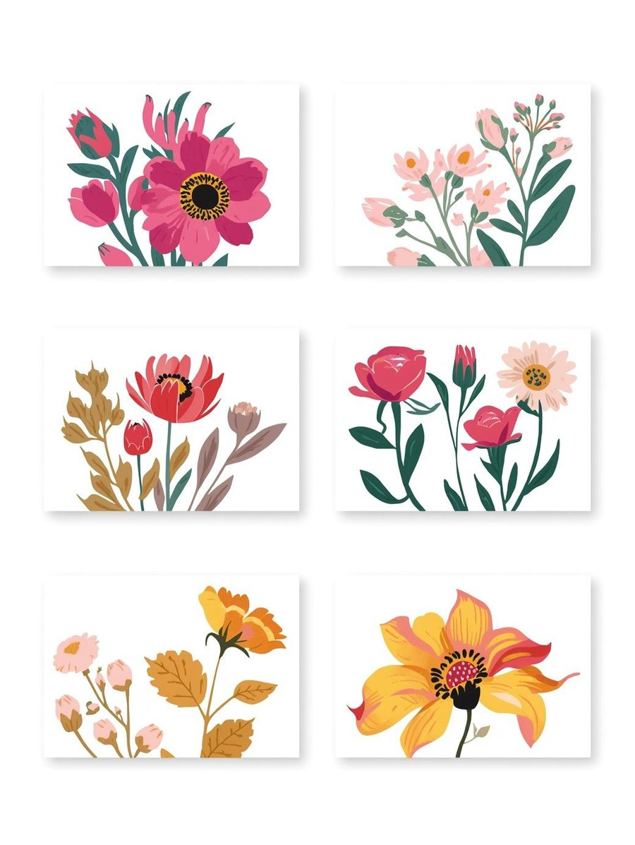 Pack of 6 - Floral - Flowers - A6 White Linen Note Card & Envelope Set