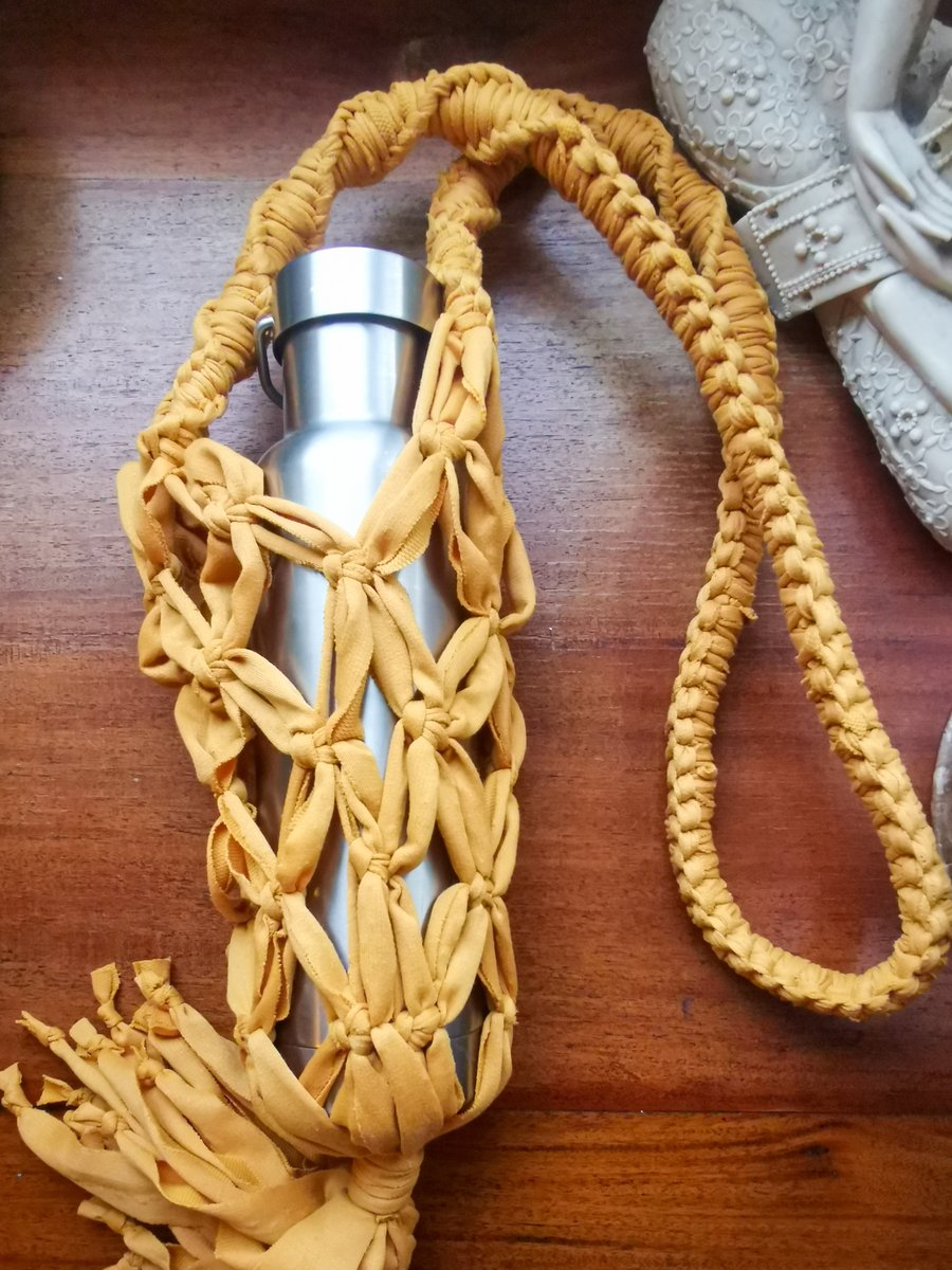 Water bottle holder, bag, handmade macrame water carrier - chunky mustard