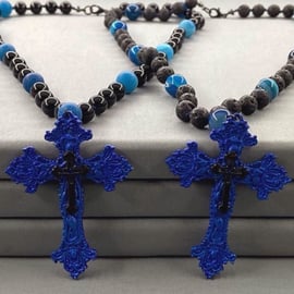 Hand Knotted Blue Agate Beaded Cross Necklace 20 Inch Unisex