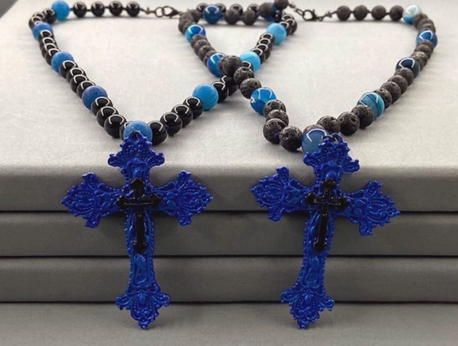 Hand Knotted Blue Agate Beaded Cross Necklace 20 Inch Unisex