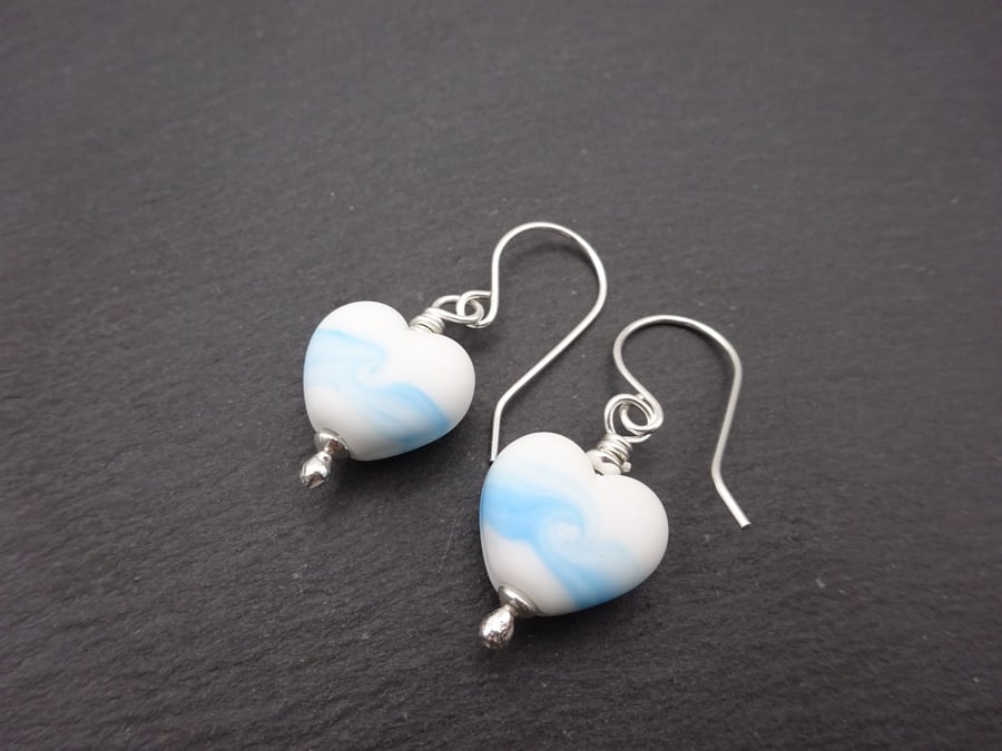 lampwork glass earrings, sterling silver jewellery, white and blue hearts