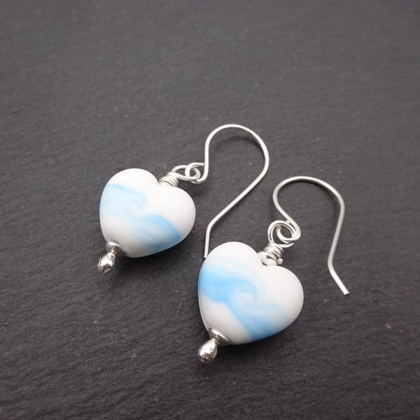 lampwork glass earrings, sterling silver jewellery, white and blue hearts