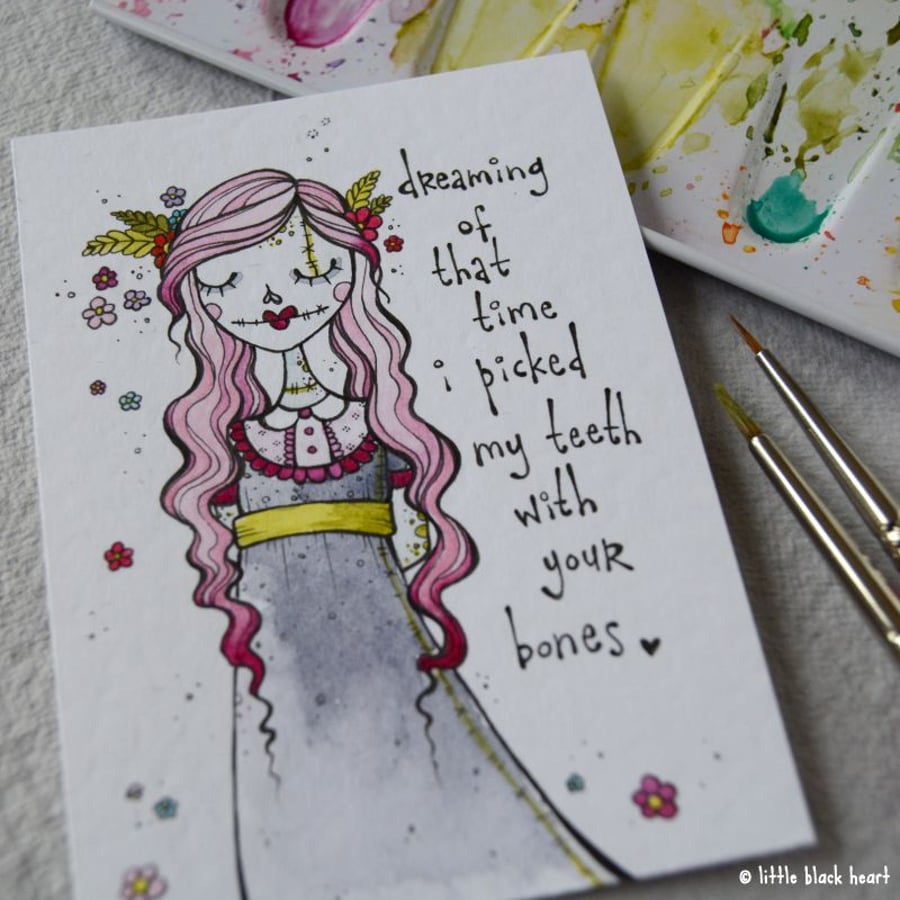 tooth picking zombie girl - original aceo
