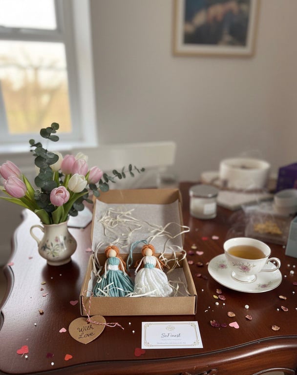 Handmade Interior Angel Duo - Teal & White Macrame Guardians - Thinking of You