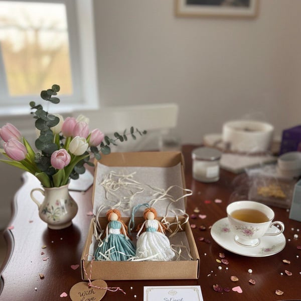 Handmade Interior Angel Duo - Teal & White Macrame Guardians - Thinking of You