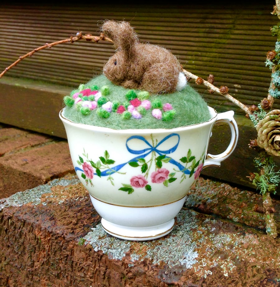 Needle felted Pincushion in Vintage teacup
