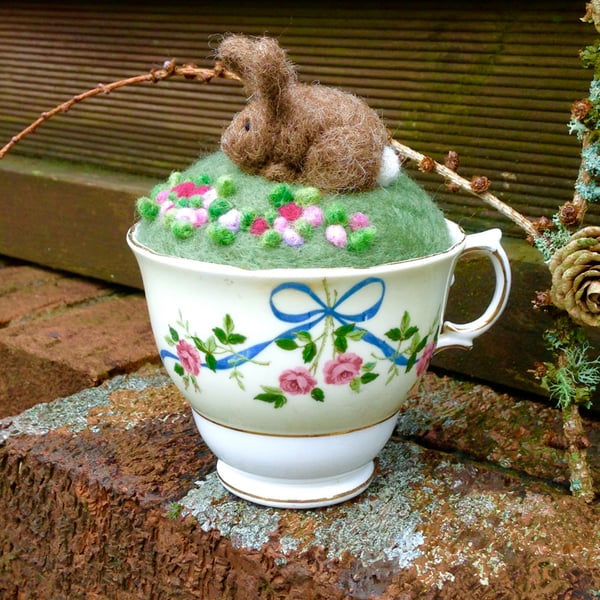 Needle felted Pincushion in Vintage teacup