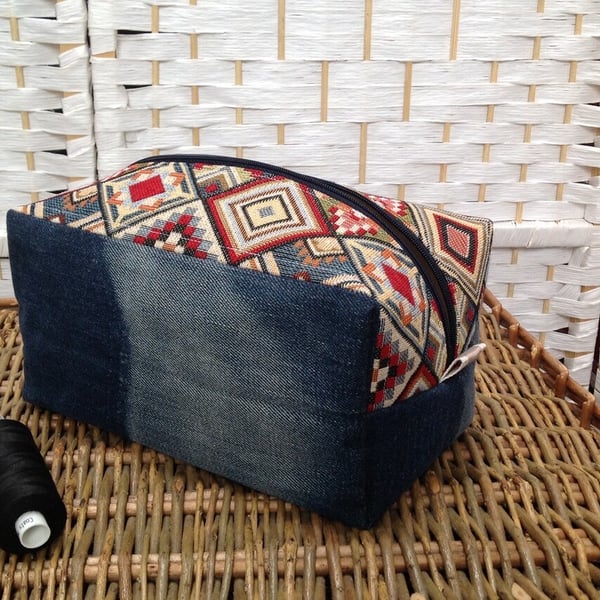 Recycled denim box pouch, make up bag, craft bag 