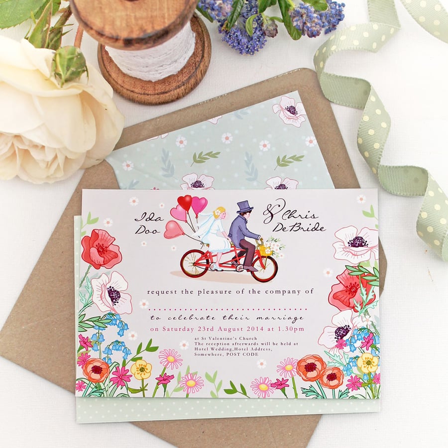 DIY Printable Wedding Stationery - Bicycle for Two Customised Couple - Poppies