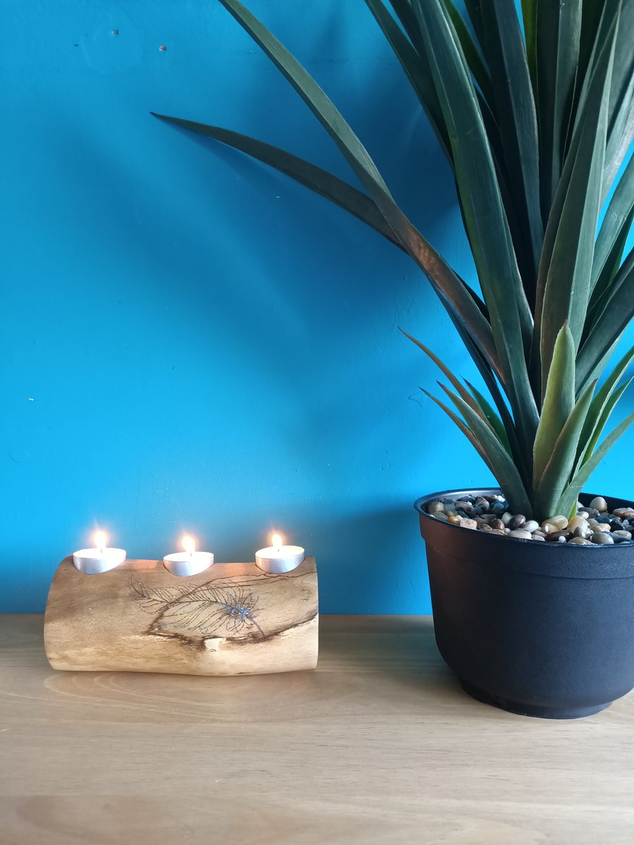 wooden oak log tealight holder candle holder with hand pyrographed feather