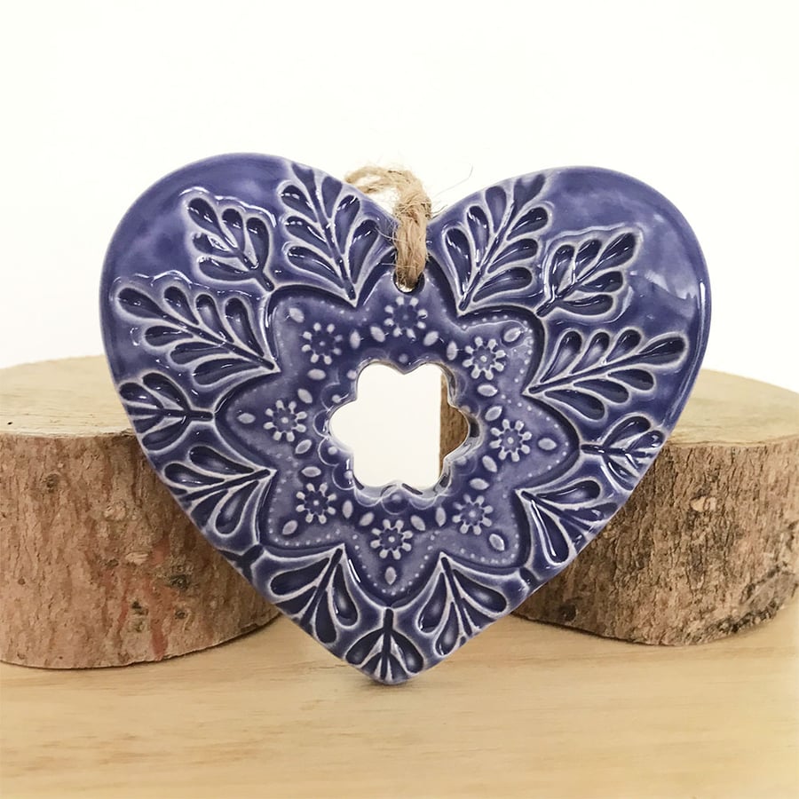 Ceramic heart hanging decoration Pottery Heart Folk art love heart PURPLE