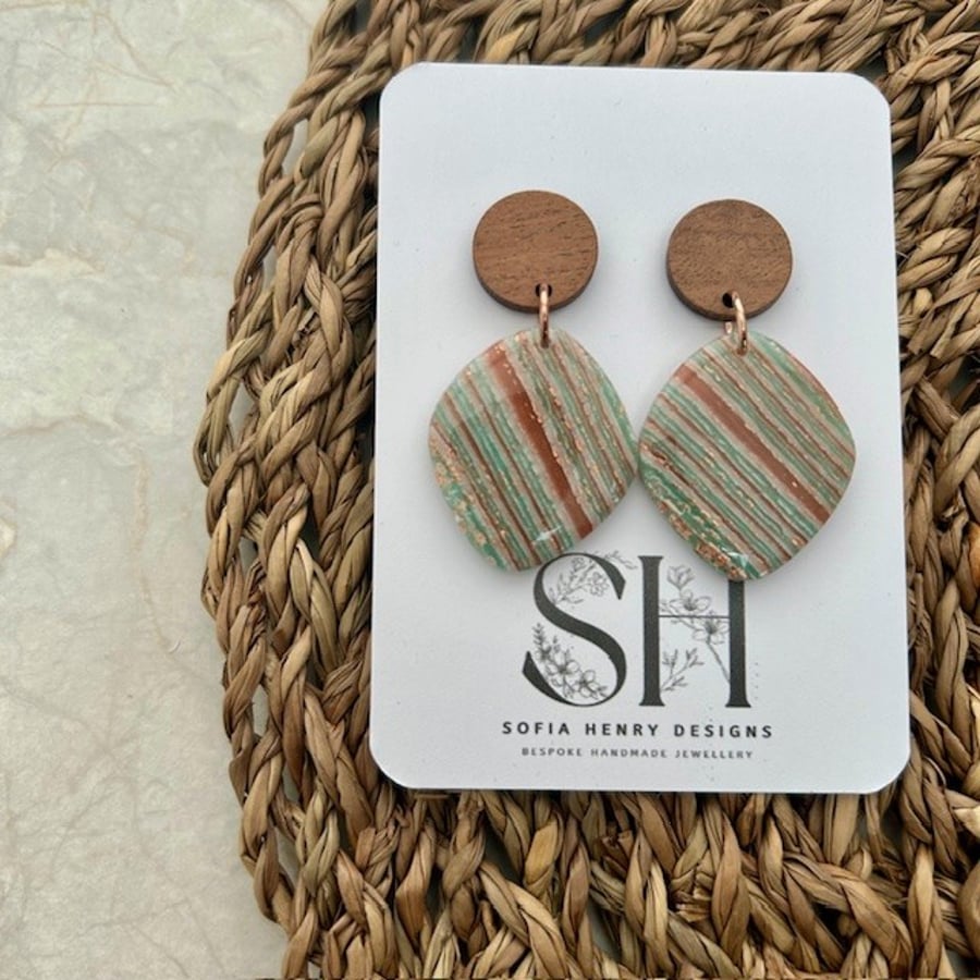 Green & Copper Striped Handmade Polymer Clay Earrings with Walnut Wood Studs