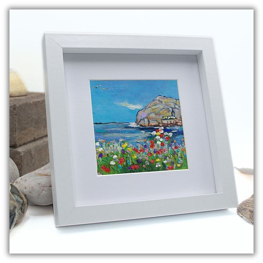 Framed acrylic painting - coast - Bass Rock - Scotland - gannets