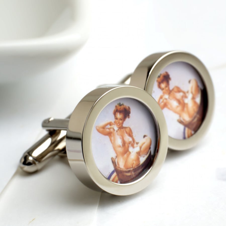  Erotic Vintage Nude Cufflinks Bathing in a Barrell