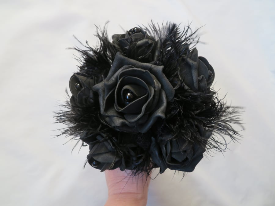 Black Vintage Rose Pearl Feather & Lace Gothic Bridal Posy Bouquet 