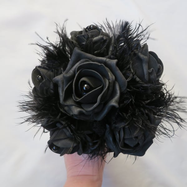 Black Vintage Rose Pearl Feather & Lace Gothic Bridal Posy Bouquet 