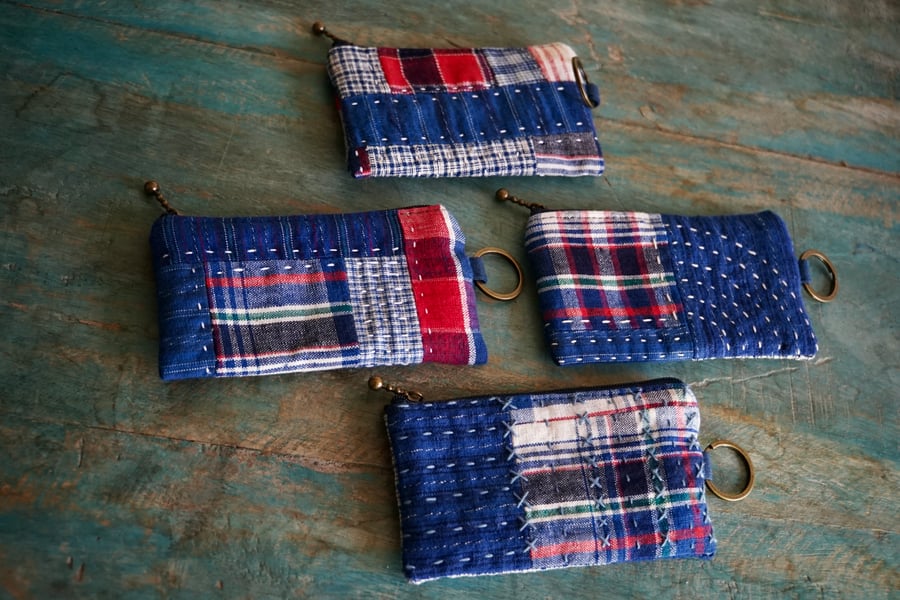Patchwork Vintage Fabric Small Purse, Card & Coin Pouch with Key Ring