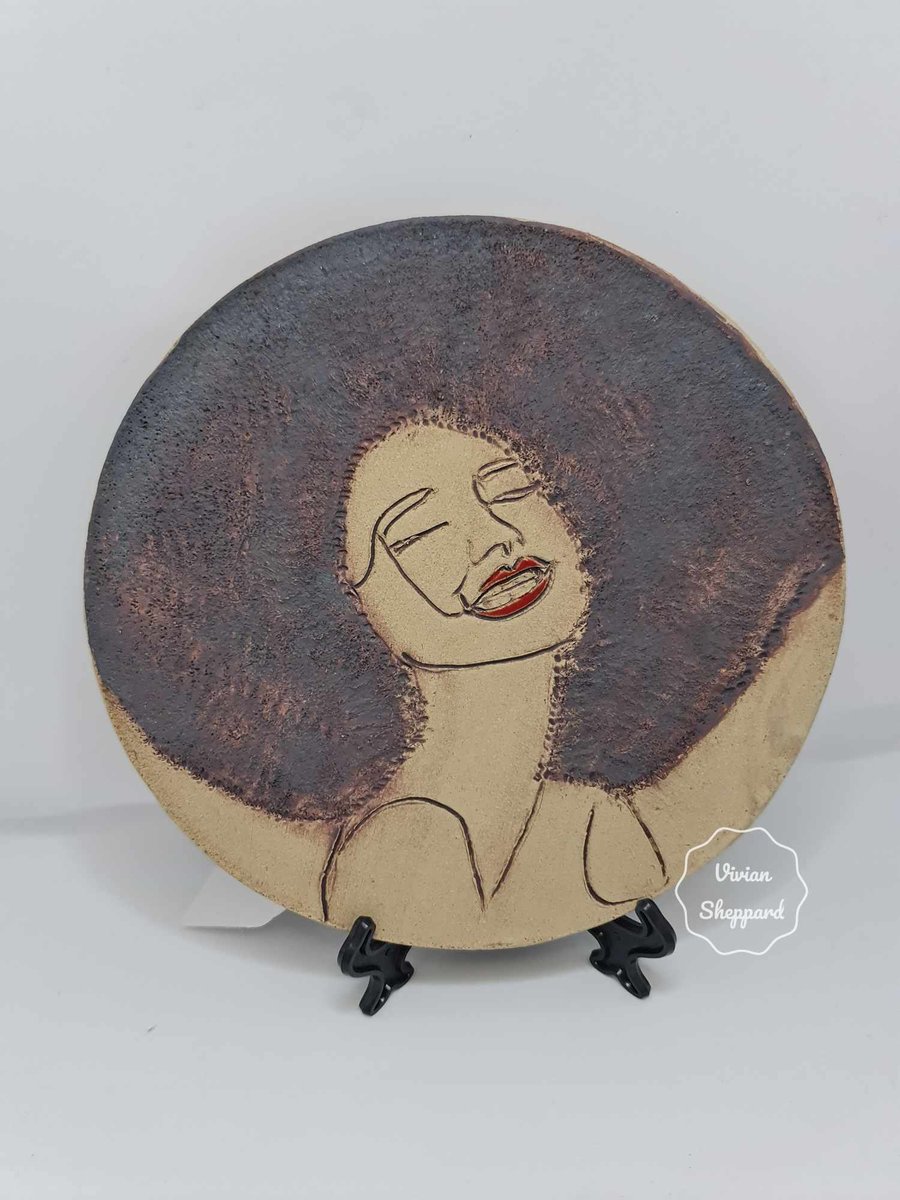 Pottery Ceramic Wall Hanging - Woman with Red Lips & Afro Hair