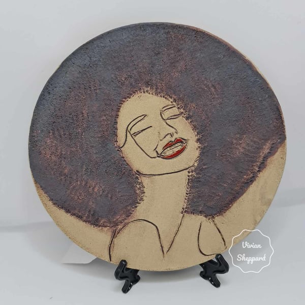 Pottery Ceramic Wall Hanging - Woman with Red Lips & Afro Hair