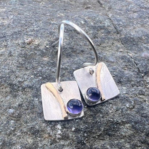 Silver and Gold Shoreline Dangle Earrings with Iolite  