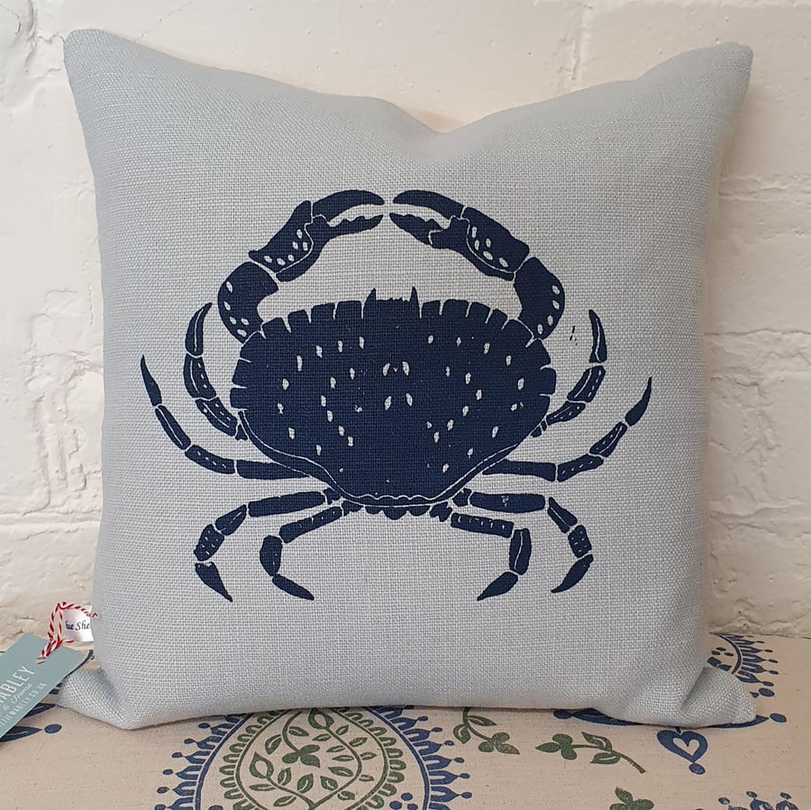Screen Printed Crab cushion - Pale Blue