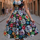 1950s Vintage Retro Rockabilly Dress Sugar Skull print Black women's sizes 14-26