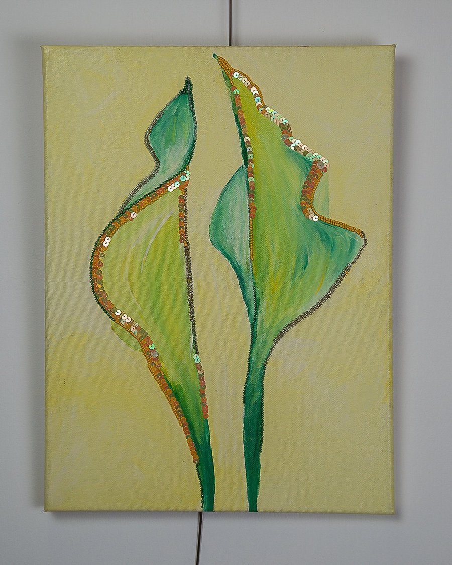 original acrylic mixed media textile art leaves on canvas