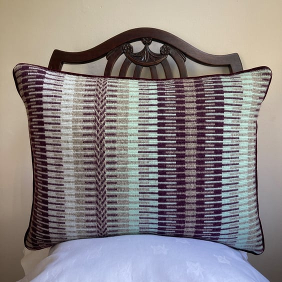 Rosanna cushion: Aubergine, Misty Woods & Sea Mist Blue. Handwoven in Wales