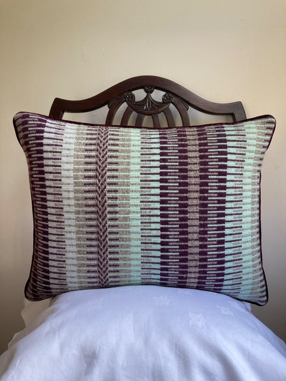 Rosanna cushion: Aubergine, Misty Woods & Sea Mist Blue. Handwoven in Wales