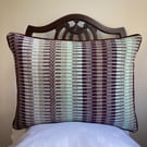 Rosanna cushion: Aubergine, Misty Woods & Sea Mist Blue. Handwoven in Wales