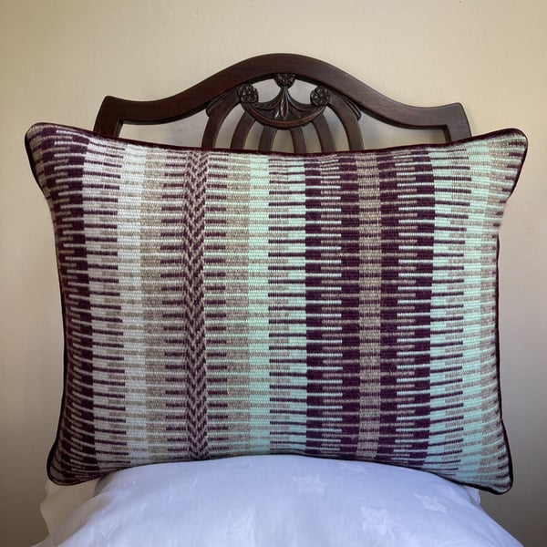 Rosanna cushion: Aubergine, Misty Woods & Sea Mist Blue. Handwoven in Wales