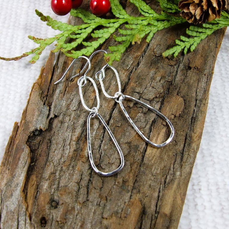 Earrings, Sterling Silver Long Teardop & Oval Droppers