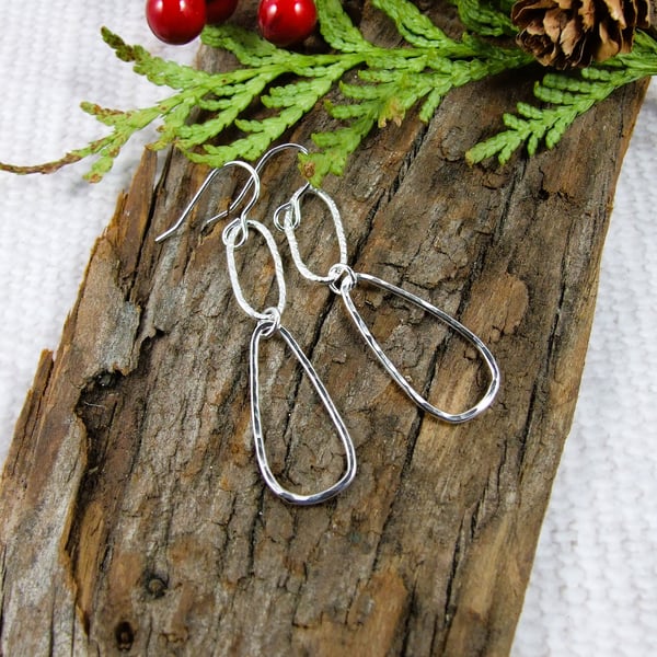 Earrings, Sterling Silver Long Teardop & Oval Droppers