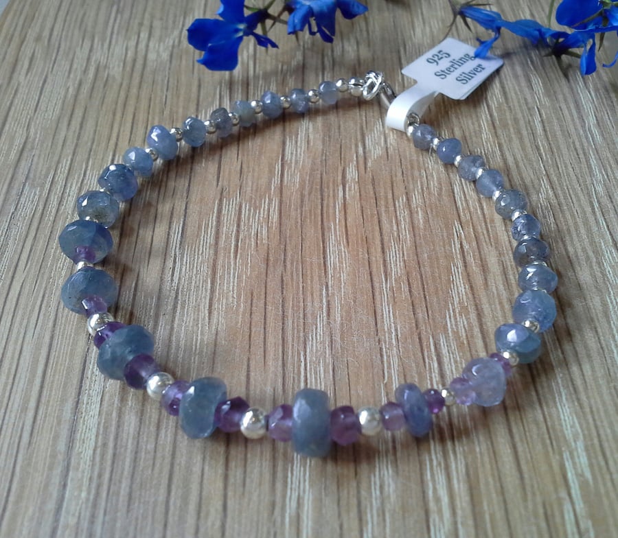  Dainty Faceted Tanzanite & Amethyst Sterling Silver Bracelet (SMALL)