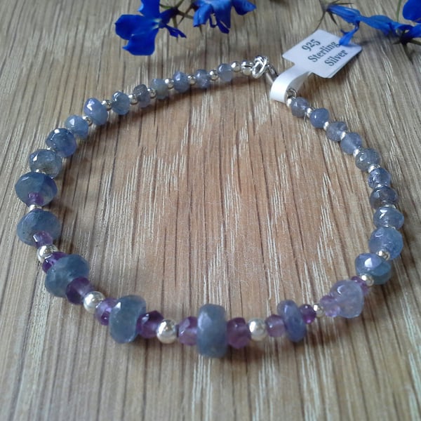  Dainty Faceted Tanzanite & Amethyst Sterling Silver Bracelet (SMALL)