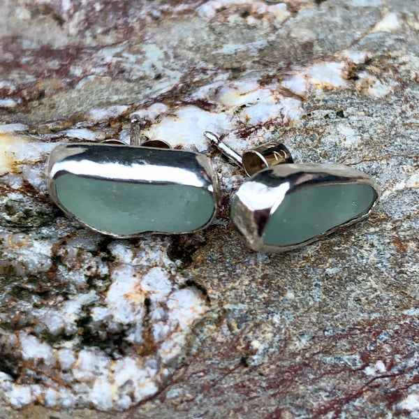 Seafoam Blue Sea Glass and Sterling Silver Stud Earrings 1053