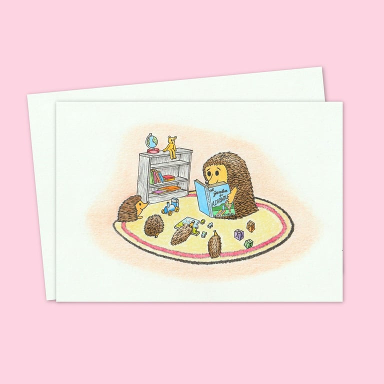 Hedgehogs Storytime Greeting Card: Cute Pencil Illustration, Blank Inside (207)