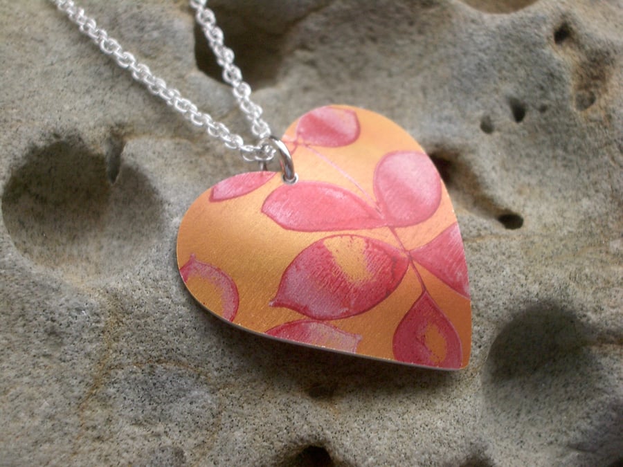 Sale!! Orange heart pendant necklace in with leaf print