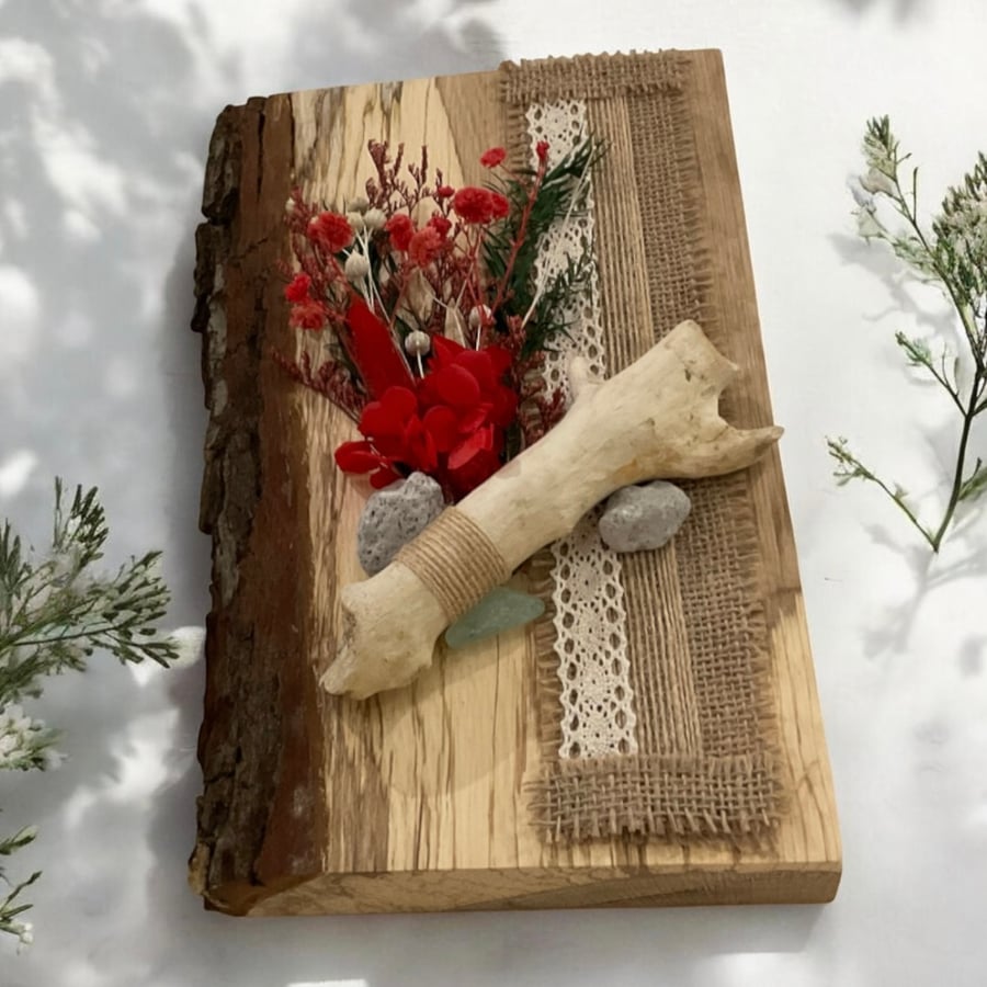 Unique Live Edge Oak Plaque with Sea Glass, Pebbles and Driftwood Art