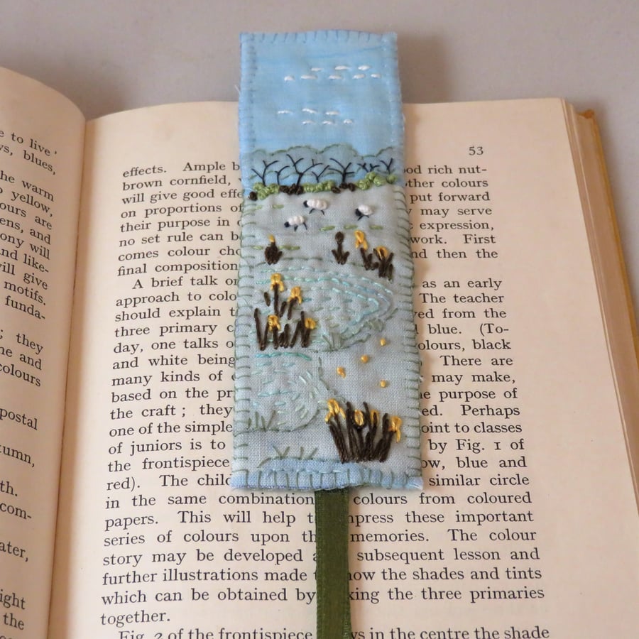 Yellow iris pools bookmark - painted and stitched
