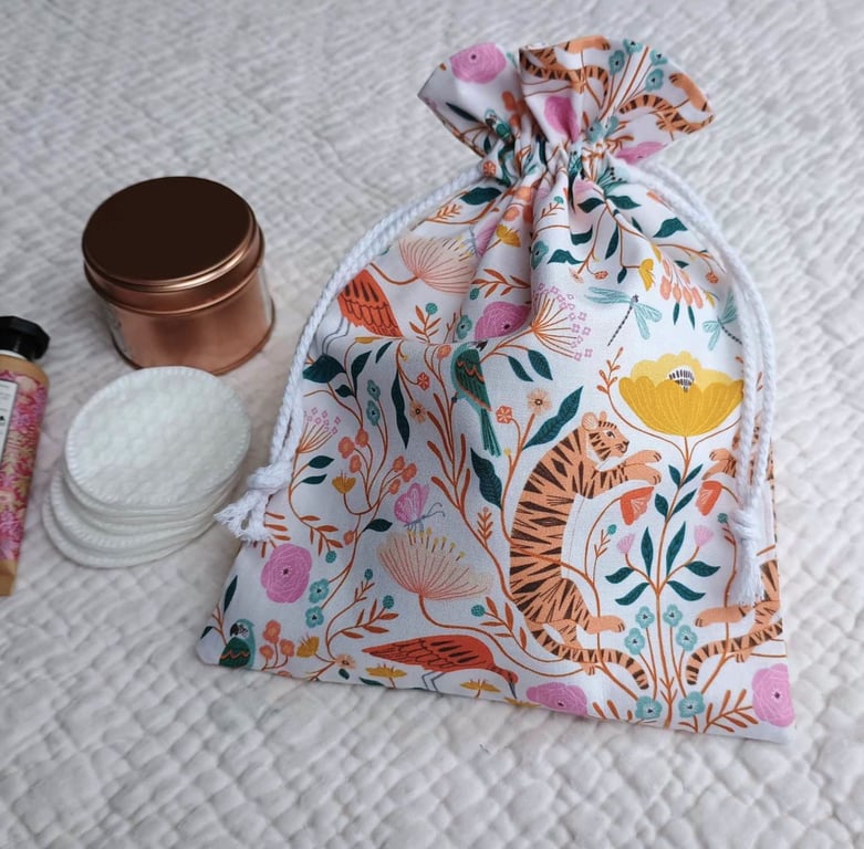 Drawstring bag - Flower Tigers - storage or reusable gift bag