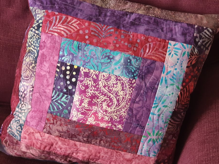 Quilted Purple, Red and Blue Batik Cushion with inner pad 