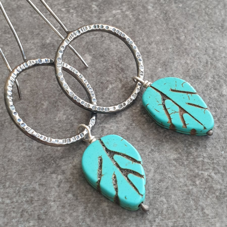 Turquoise leaf earrings, Large oxidised silver hoops, Howlite gemstone