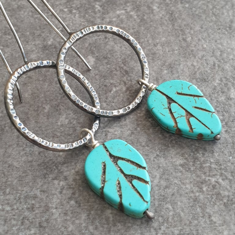 Turquoise leaf earrings, Large oxidised silver hoops, Howlite gemstone