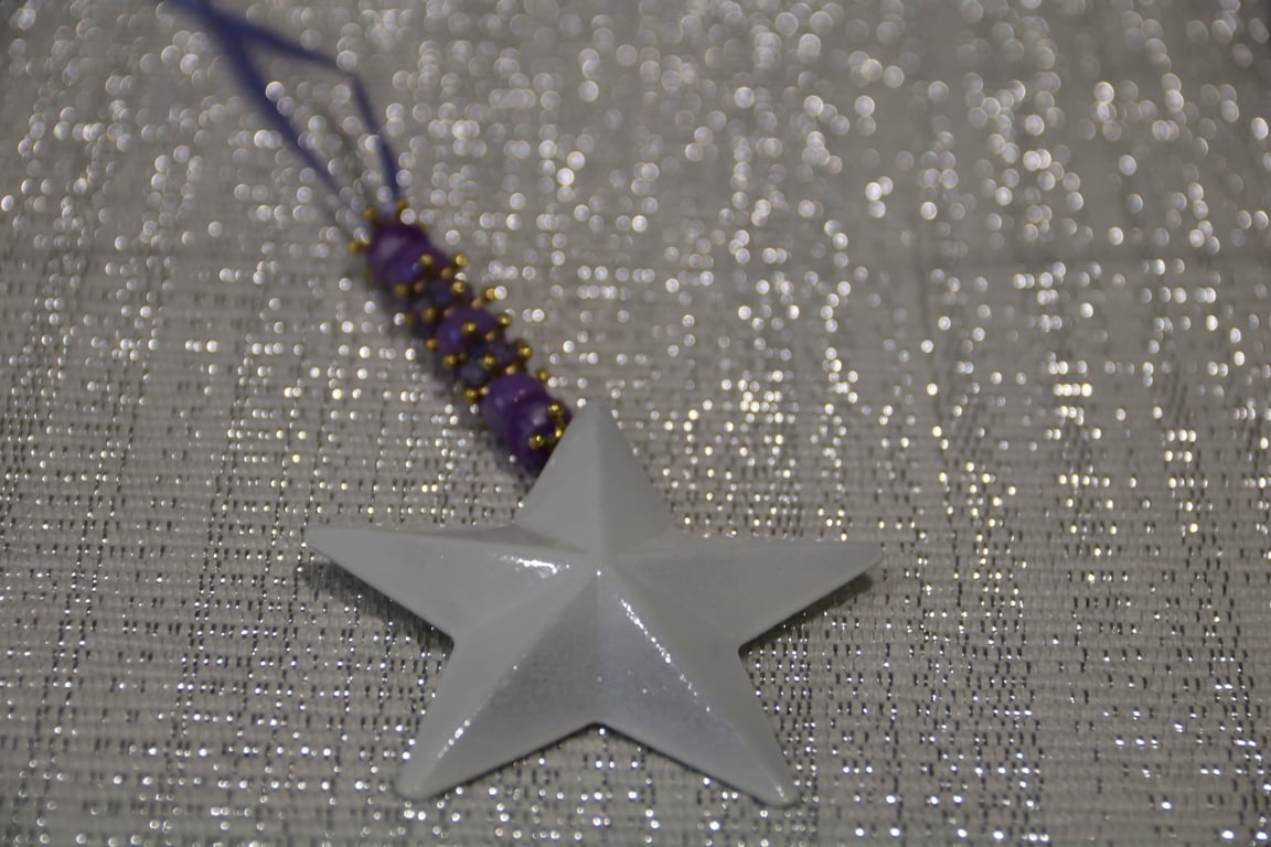 Beaded Star Christmas tree decoration, white metal star & purple beads