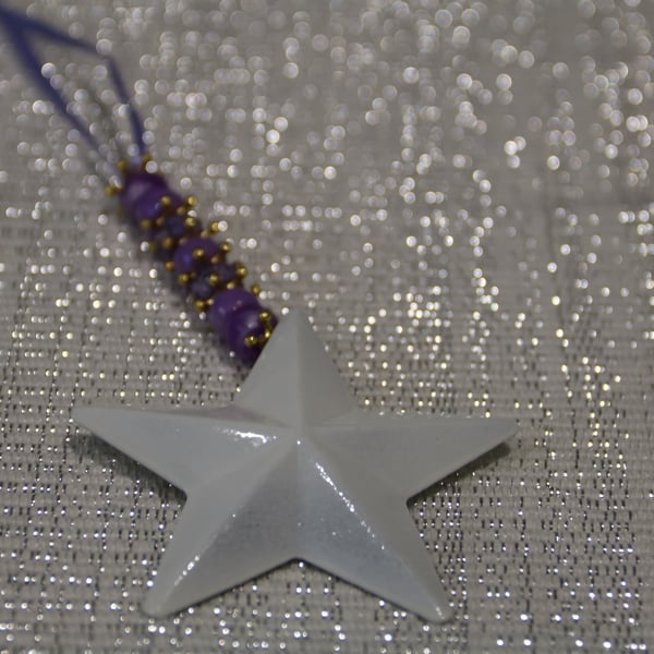 Beaded Star Christmas tree decoration, enamelled star & purple beads