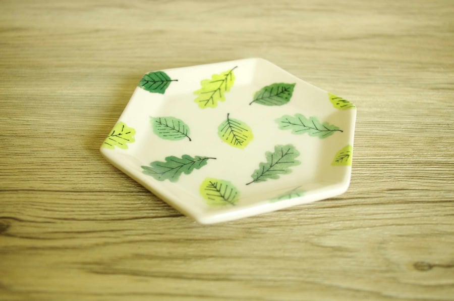 Small Hexagon Dish - Green Beech and Oak Leaves