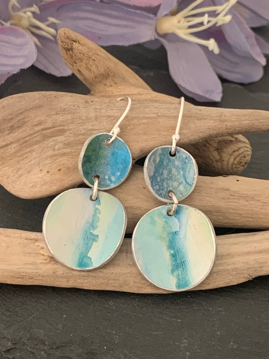 Water colour collection - hand painted aluminium earrings teal and green