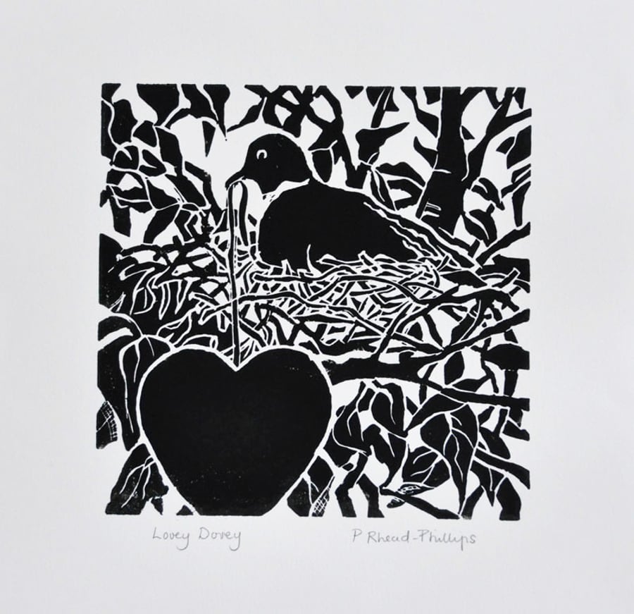 'Lovey Dovey' - Handmade Lino bird print. - Valentine Gift.