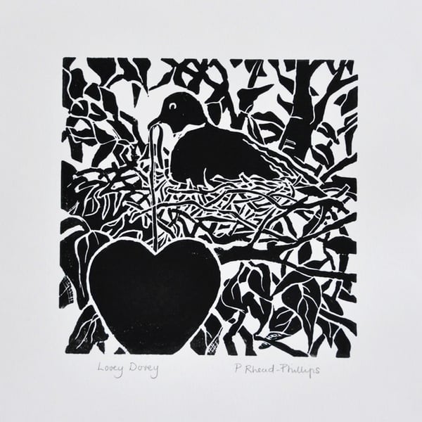 'Lovey Dovey' - Handmade Lino bird print. - Valentine Gift.